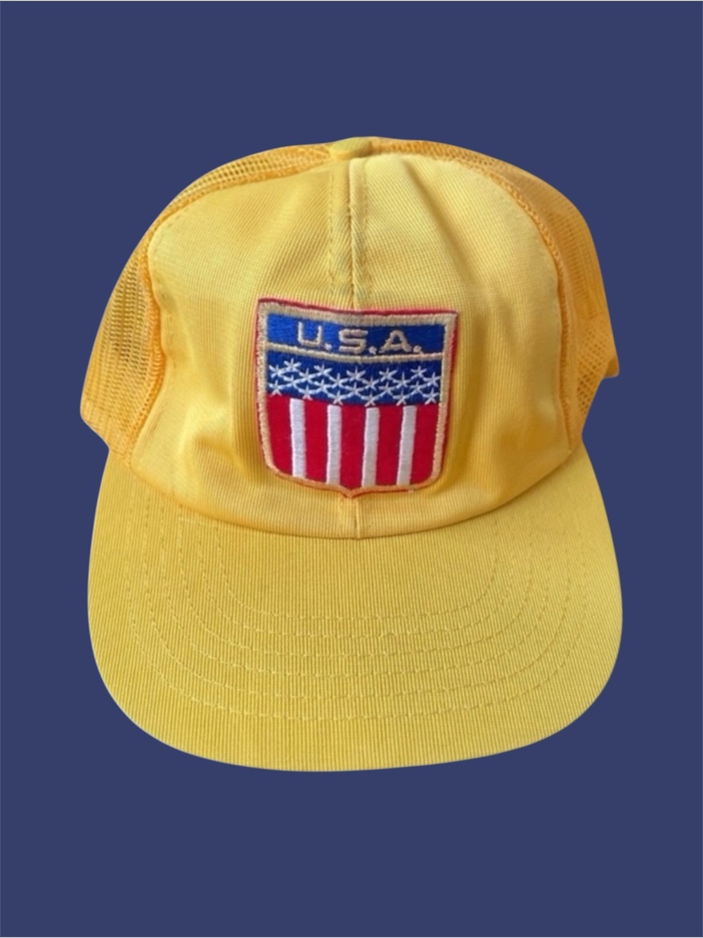 Vintage USA Trucker Hat Farmer Cap Yellow Mesh 1980s Americana Patriotic Patch